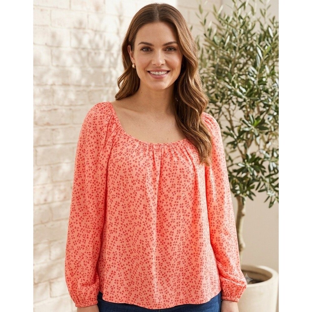 Vineyard Vines Silk Rayon Blend Pink Coral Heart Clover Peasant Blouse Top Sz M